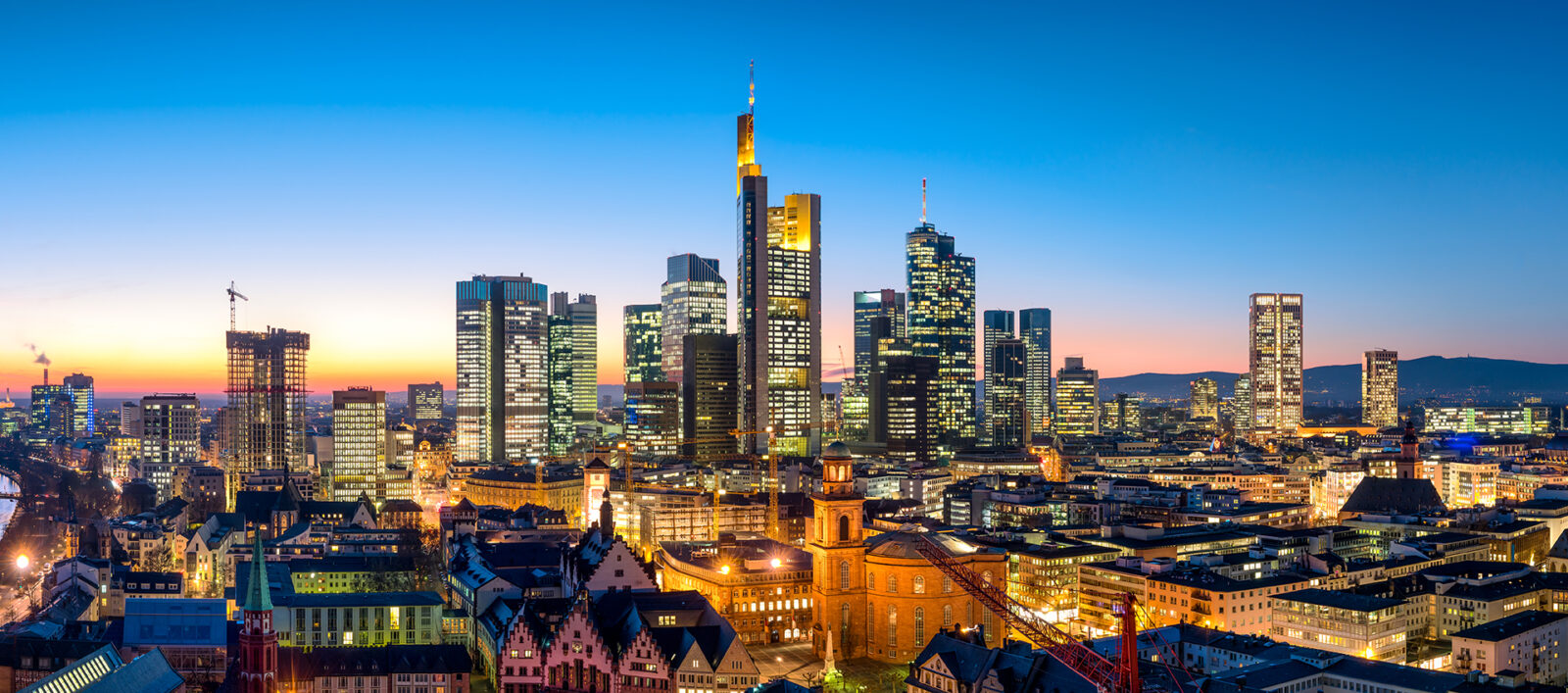 Skyline Panorama Of Frankfurt Am Main At Night Hesse Germany